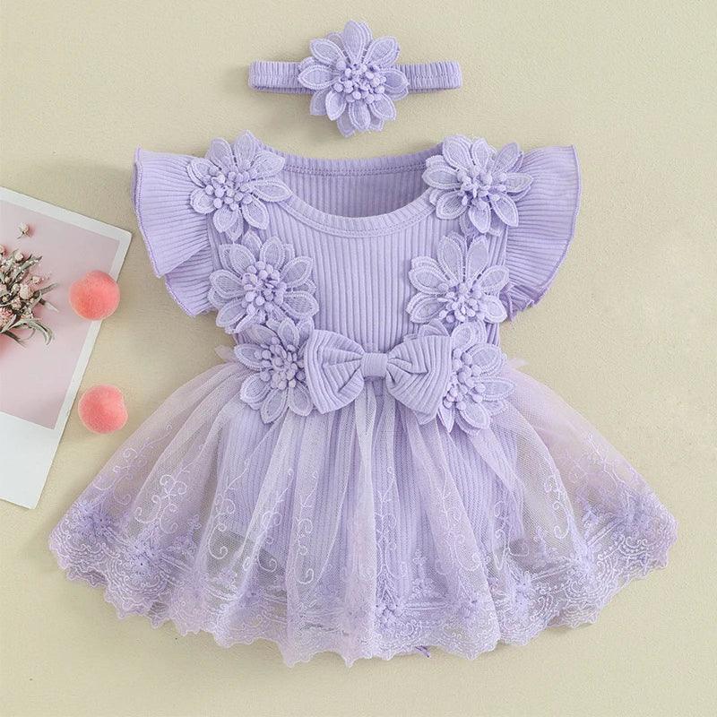 3D Flower Baby Girl Romper with Headband - Summer Bodysuit - MamaNest