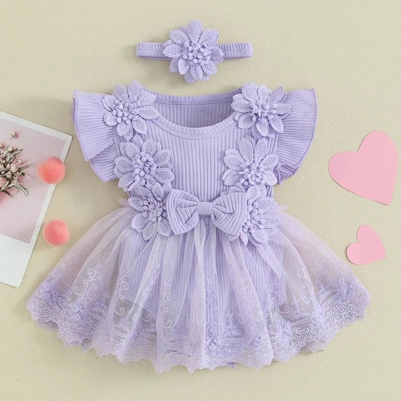 3D Flower Baby Girl Romper with Headband - Summer Bodysuit - MamaNest