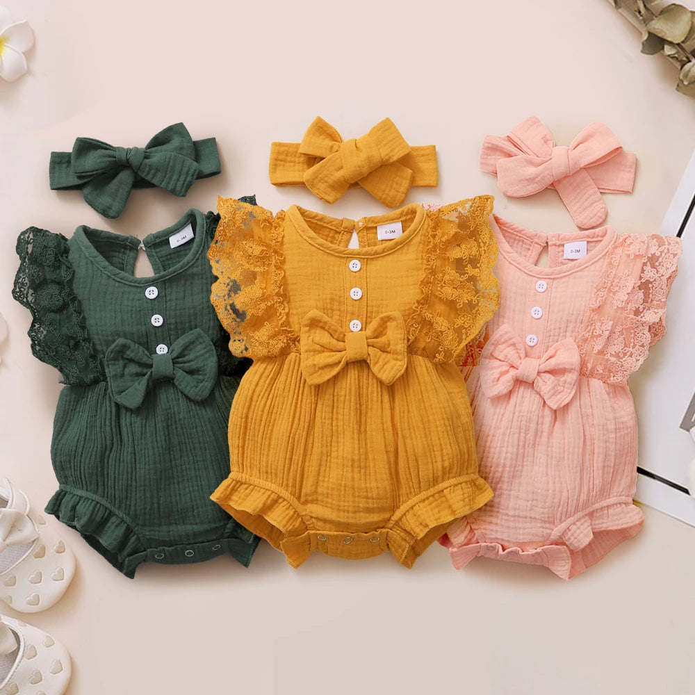 Baby Girl Lace Romper with Headband - Summer Sleeveless Jumpsuit Set - MamaNest