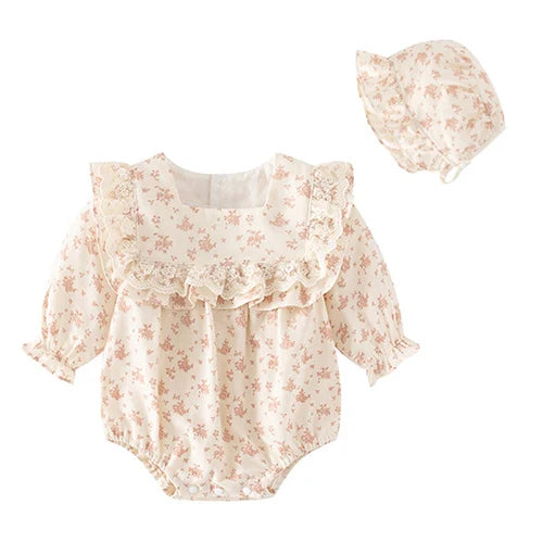 Baby Girl Romper Set - Korean Style Cotton Print with Hat 0-24M - MamaNest