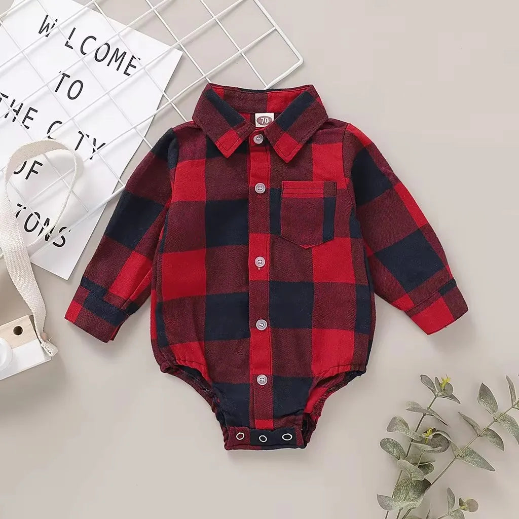 Baby Boy Gentleman Romper - Plaid Long Sleeve Lapel Bodysuit 0-18M - MamaNest