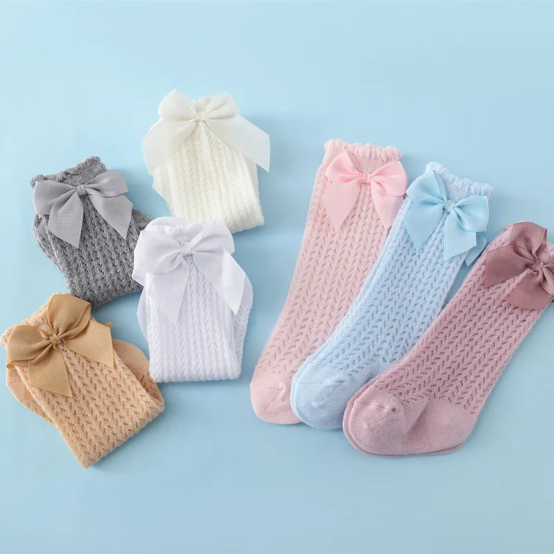 Toddler Knee-High Socks with Bow - Cotton Mesh (0-2 Years) - MamaNest