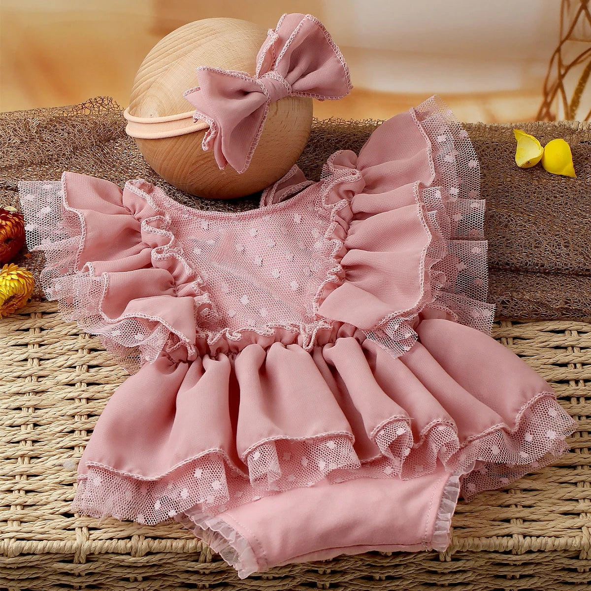 Newborn Photography Set - Dusty Pink Chiffon Romper with Bow Hairband - MamaNest