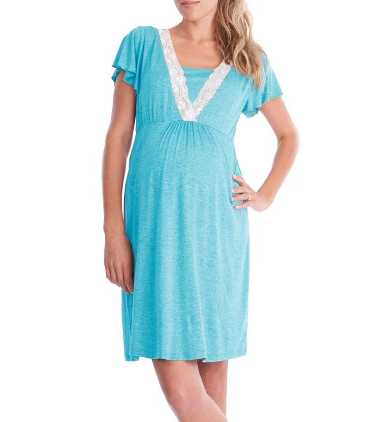Maternity Nursing Nightgown Set - Lace Robe with Adjustable Belt - MamaNest