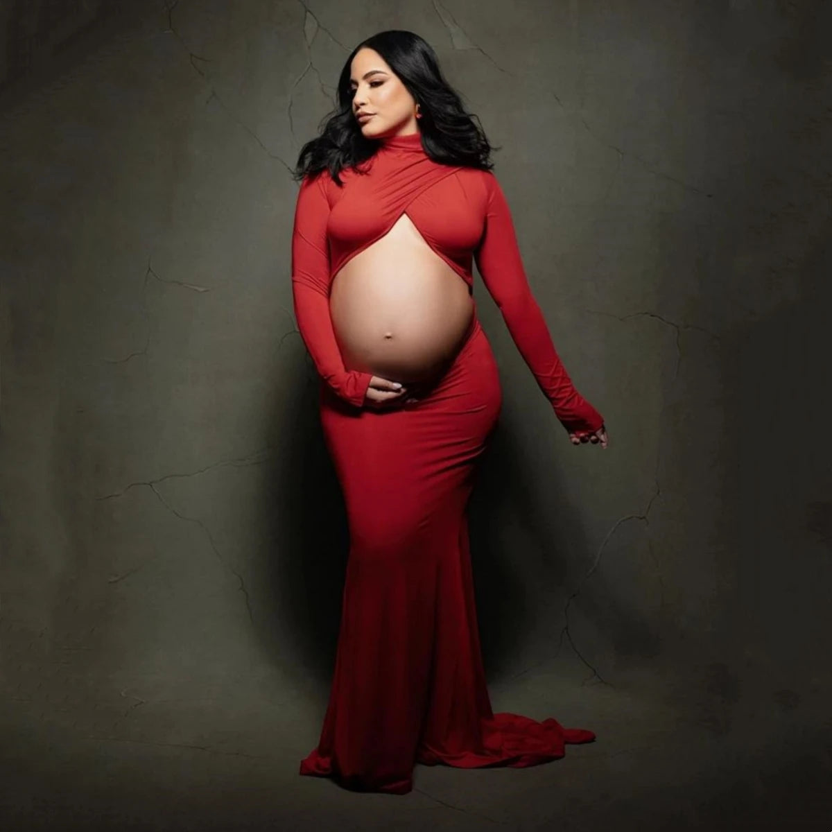 Maternity Gown with Train - High Neck Stretchy Baby Shower Dress - MamaNest
