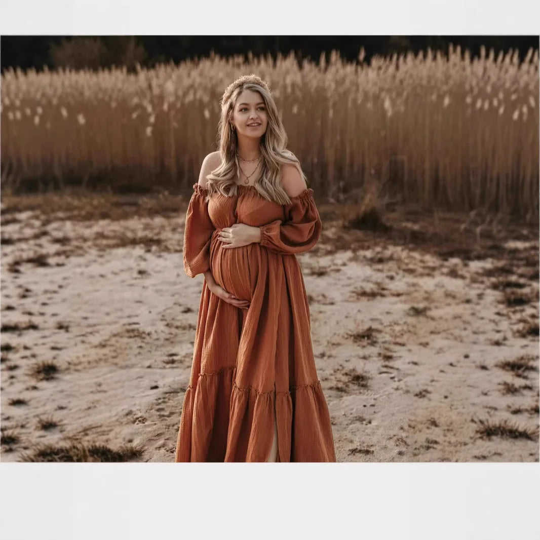 Maternity Photoshoot Dress - Off-Shoulder Gown with Puff Sleeves & Slit - MamaNest