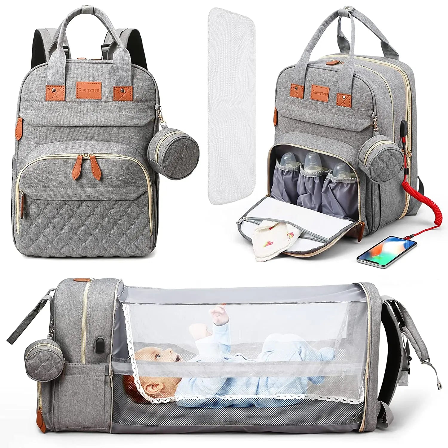 3-in-1 Diaper Bag Backpack with Foldable Baby Bed & USB Charging - MamaNest
