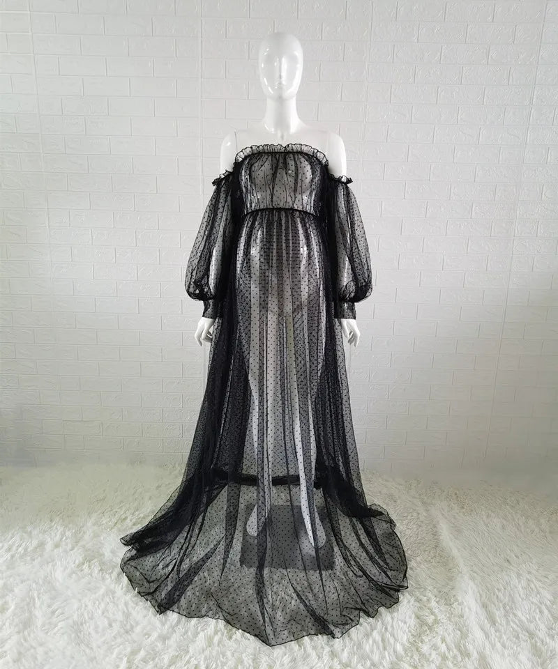 Dot Tulle Maternity Dress - Sheer Lantern Sleeve Photoshoot Gown - MamaNest