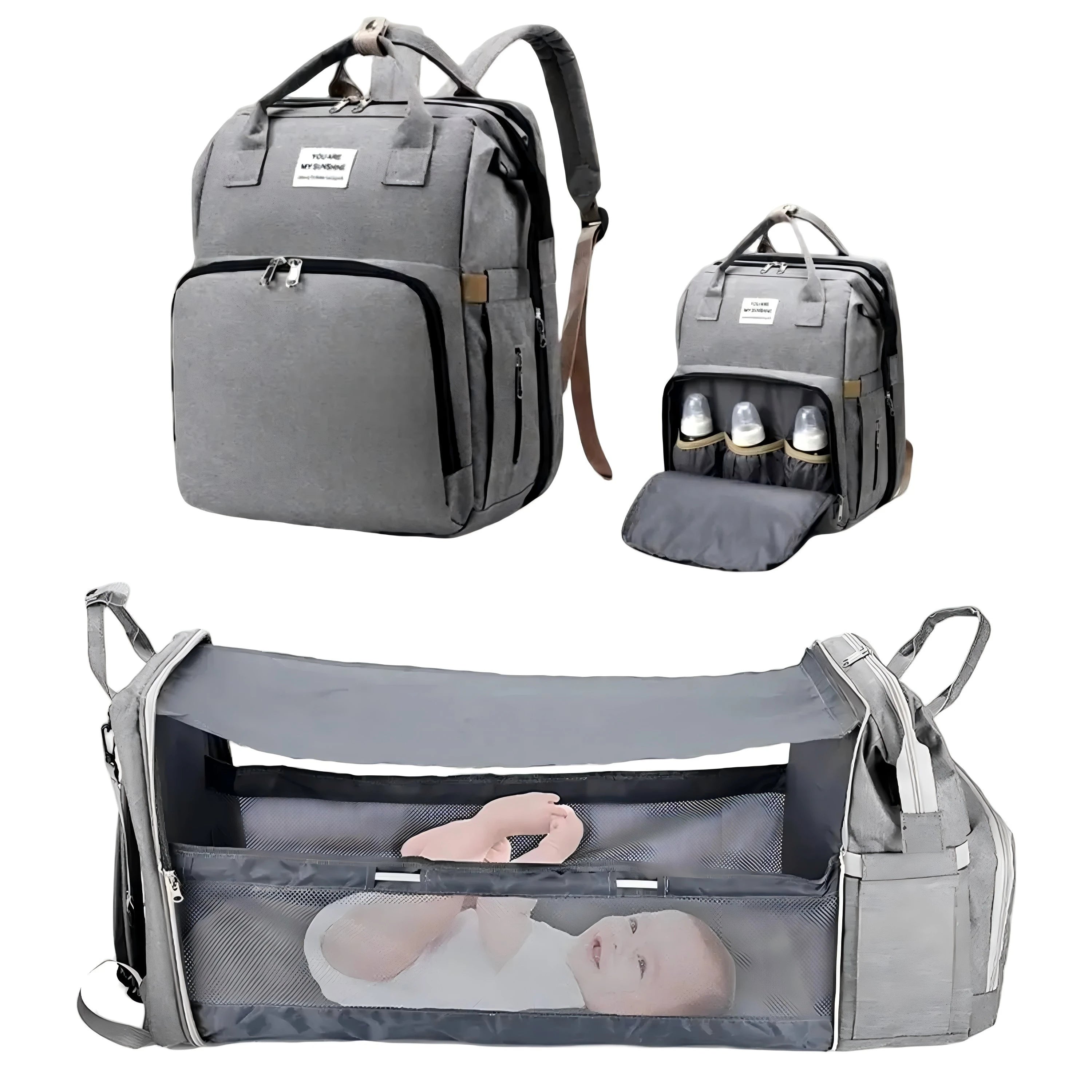 3-in-1 Diaper Bag Backpack with Foldable Baby Bed & USB Charging