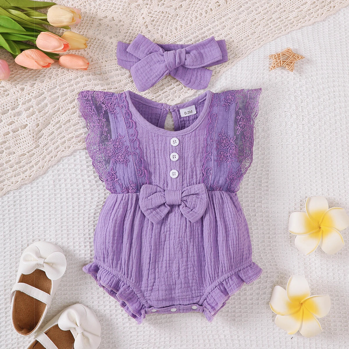 Baby Girl Lace Romper with Headband - Summer Sleeveless Jumpsuit Set - MamaNest