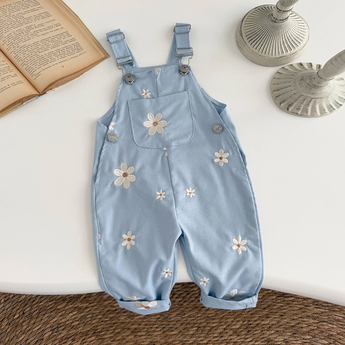 Baby Suspender Romper - Flower Embroidery Overalls with Pockets - MamaNest