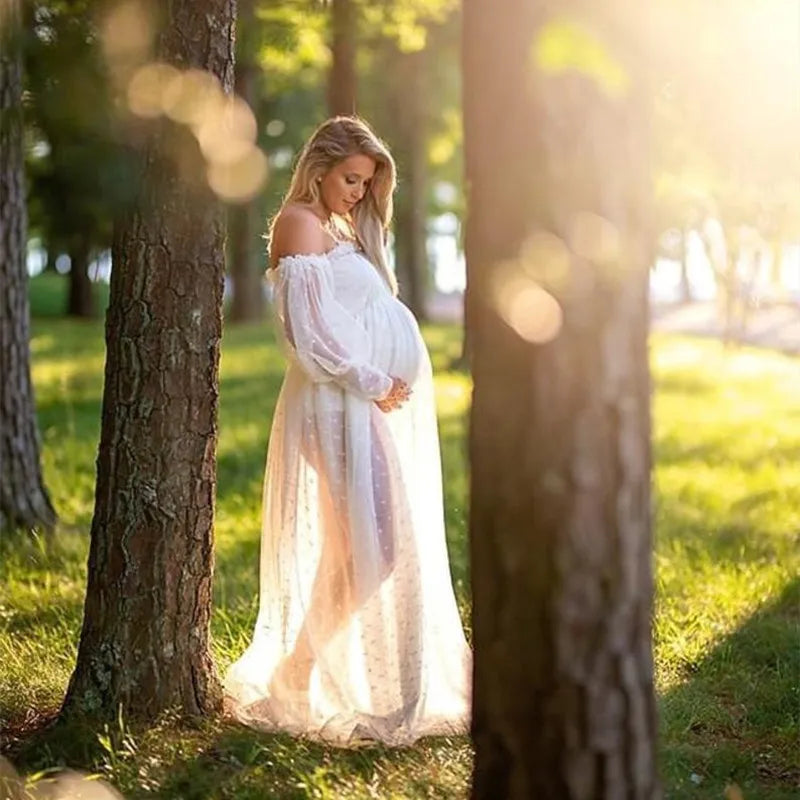Dot Tulle Maternity Dress - Sheer Lantern Sleeve Photoshoot Gown - MamaNest