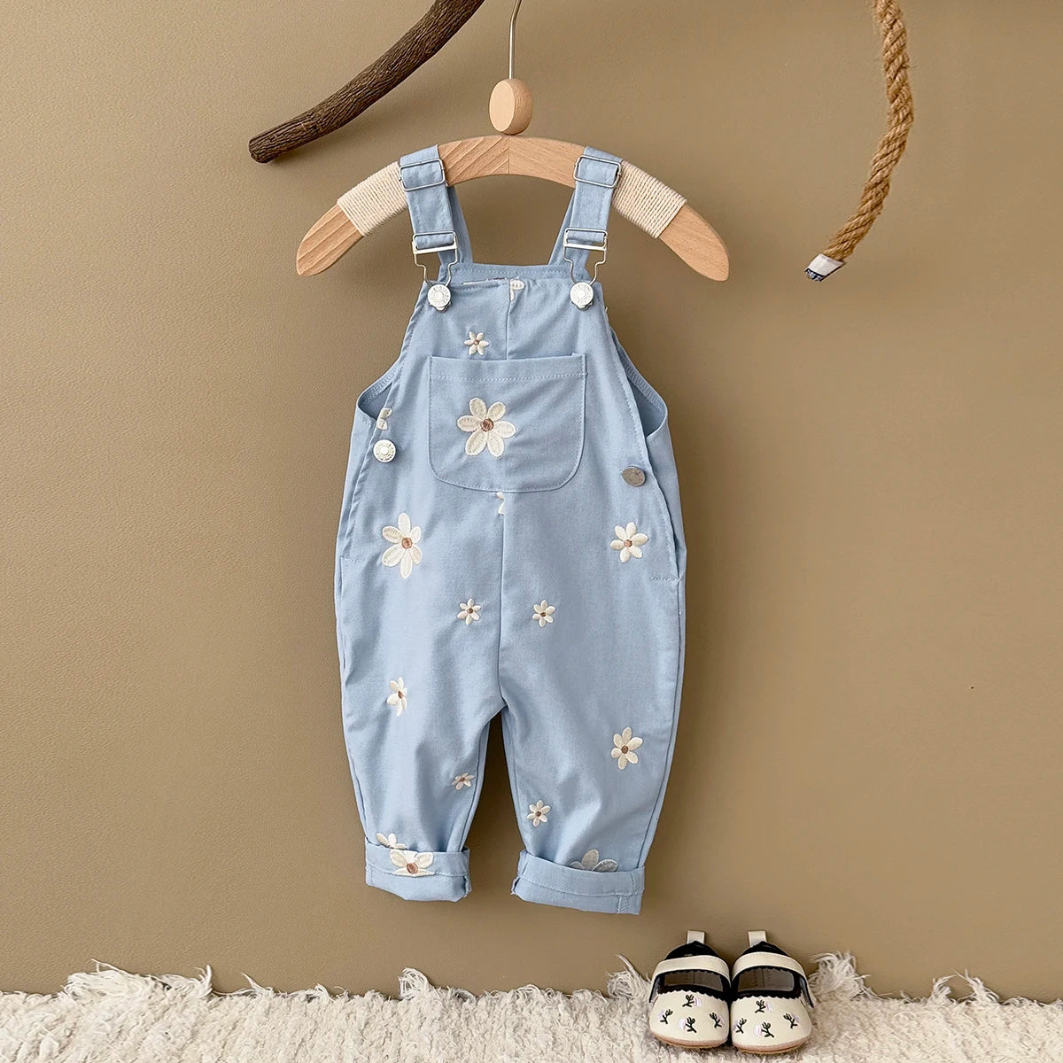 Baby Suspender Romper - Flower Embroidery Overalls with Pockets - MamaNest