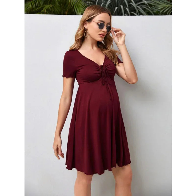 Summer Maternity Dress - V-Neck Loose Fit Casual Pregnancy Dress - MamaNest
