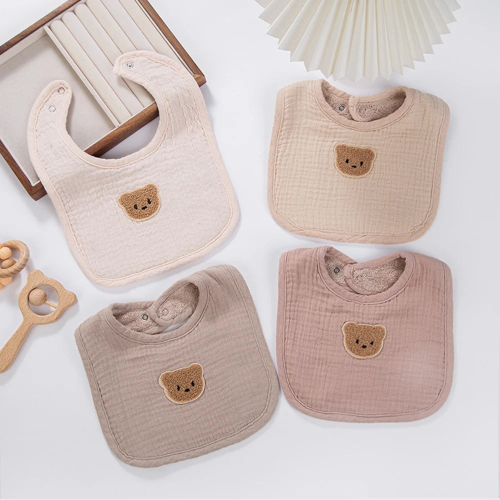 Cute Bear Baby Bibs - Muslin Cotton Feeding Bib with Absorbent Pockets - MamaNest