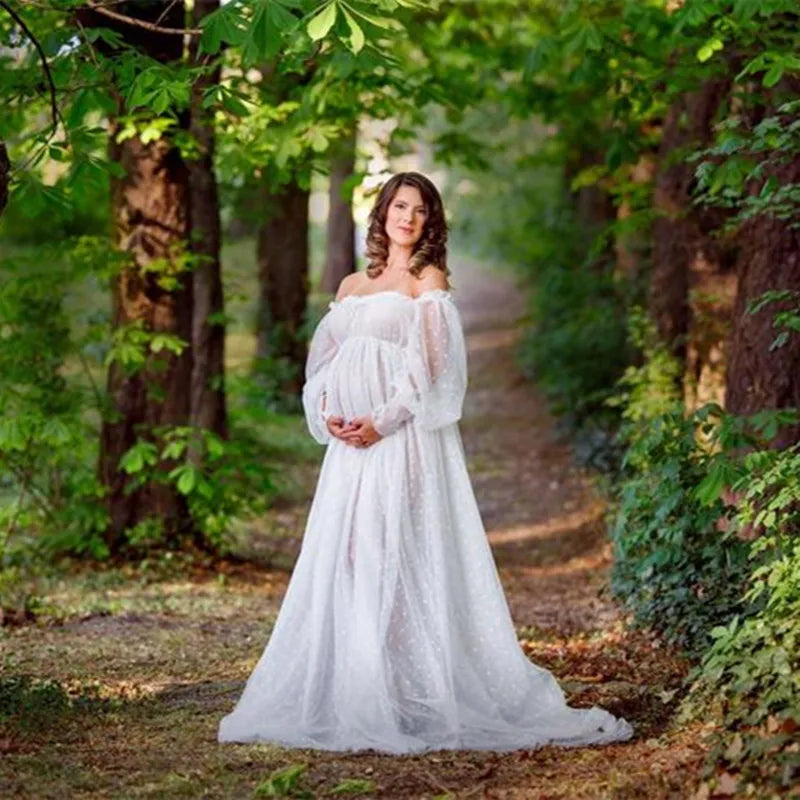 Dot Tulle Maternity Dress - Sheer Lantern Sleeve Photoshoot Gown - MamaNest