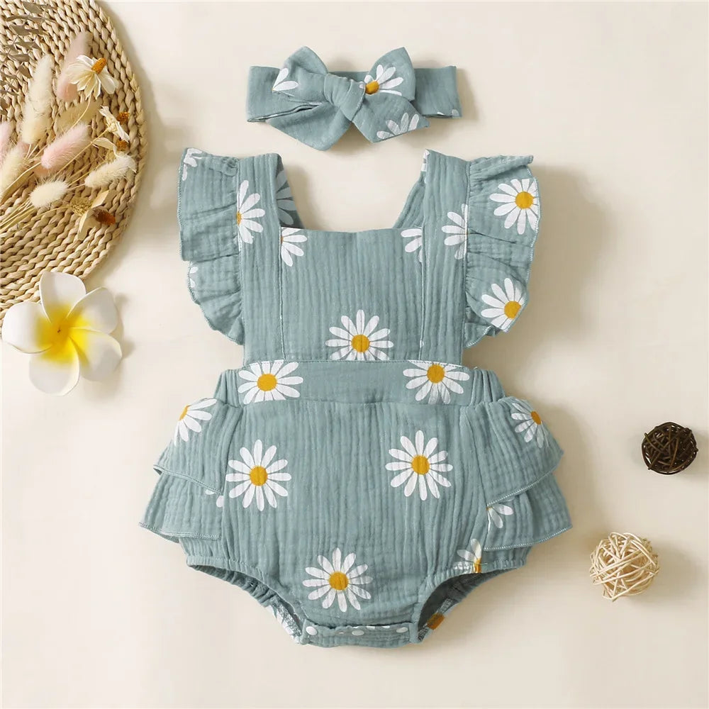 Baby Girl Ruffle Romper with Headband - Summer Bodysuit - MamaNest