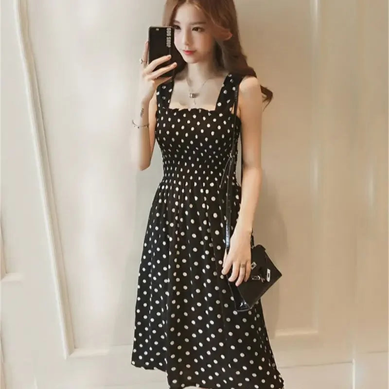 Polka Dot Summer Dress - Elegant Square Neck Sleeveless Chiffon Maxi Dress - MamaNest