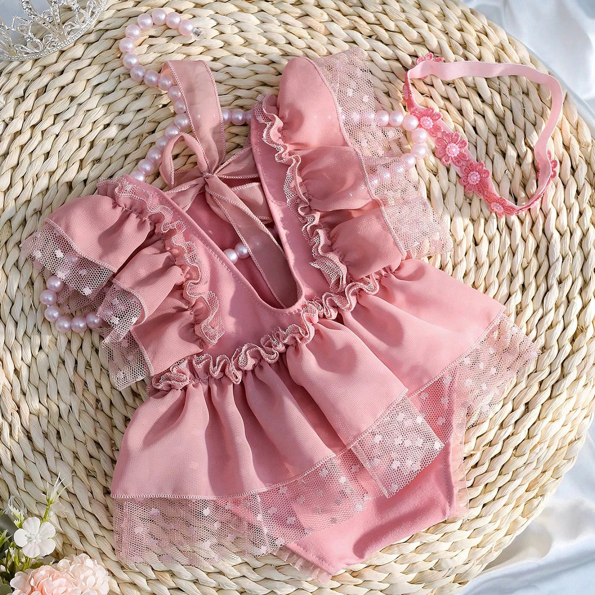 Newborn Photography Set - Dusty Pink Chiffon Romper with Bow Hairband - MamaNest