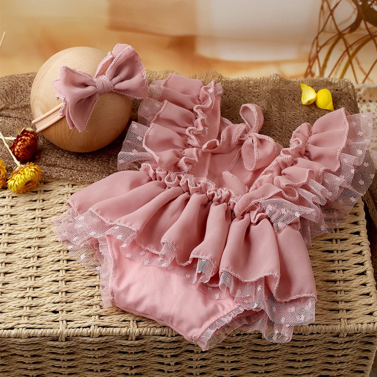 Newborn Photography Set - Dusty Pink Chiffon Romper with Bow Hairband - MamaNest
