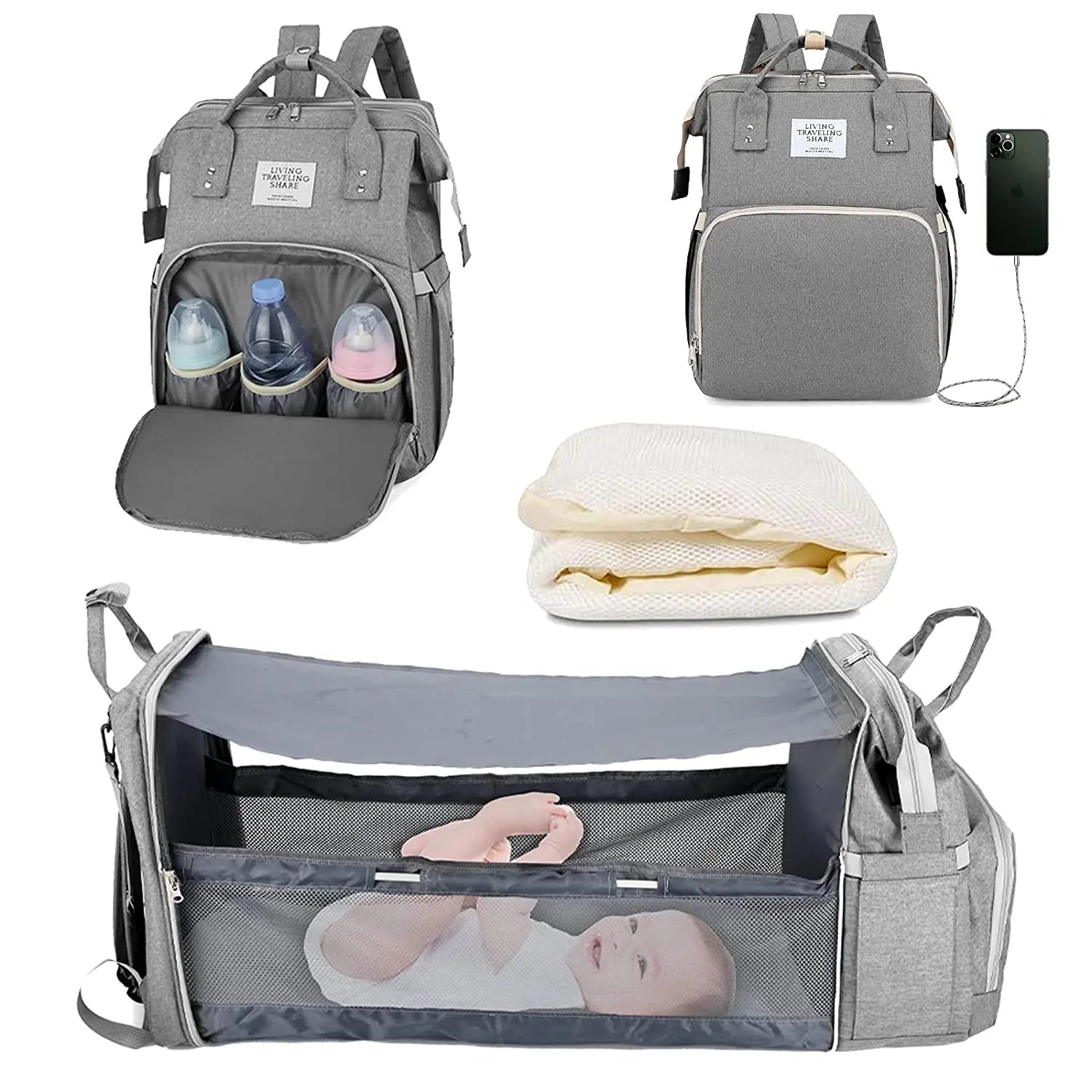 3-in-1 Diaper Bag Backpack with Foldable Baby Bed & USB Charging - MamaNest