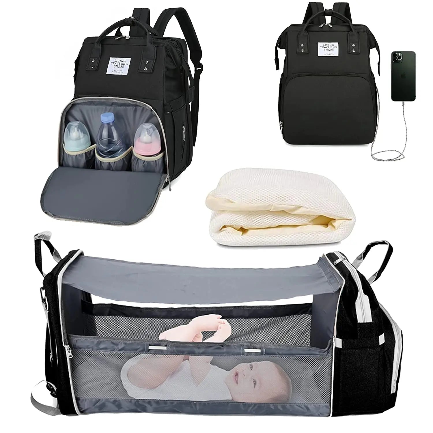 3-in-1 Diaper Bag Backpack with Foldable Baby Bed & USB Charging - MamaNest