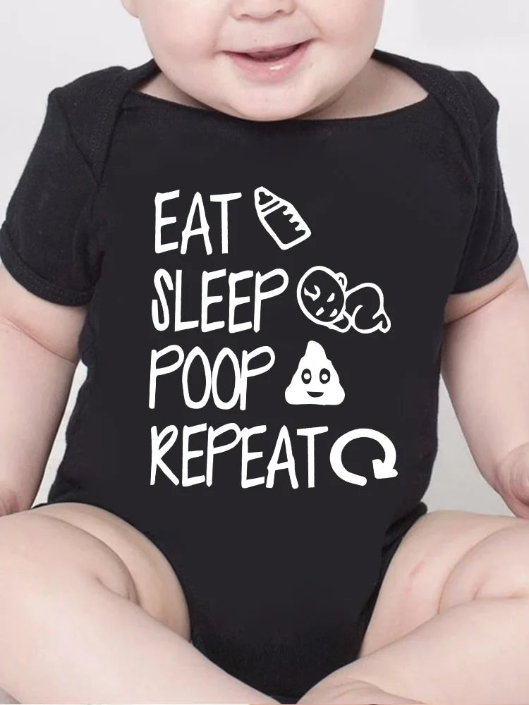 Funny Baby Romper - 'Eat Sleep Poop Repeat' Letter Print Bodysuit 0-24M - MamaNest