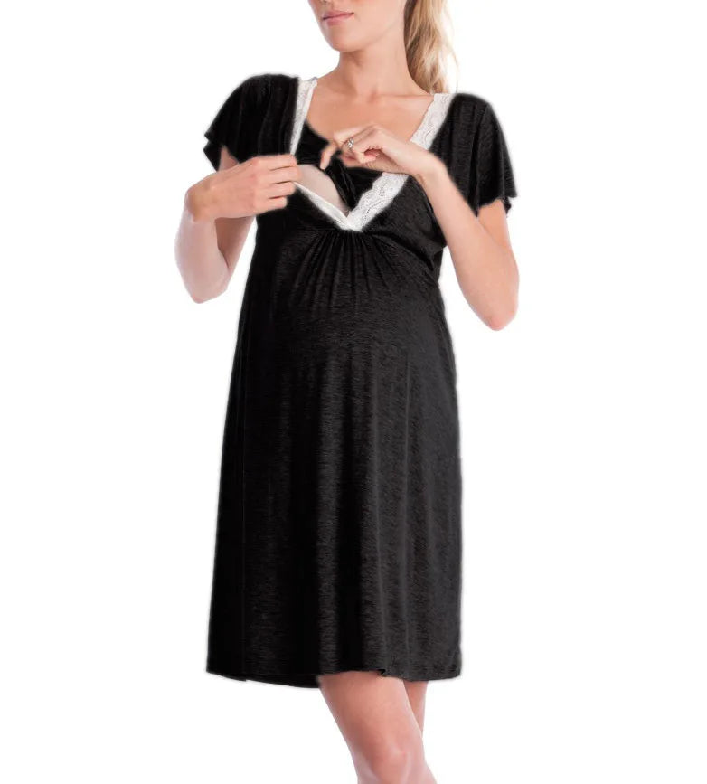 Maternity Nursing Nightgown Set - Lace Robe with Adjustable Belt - MamaNest