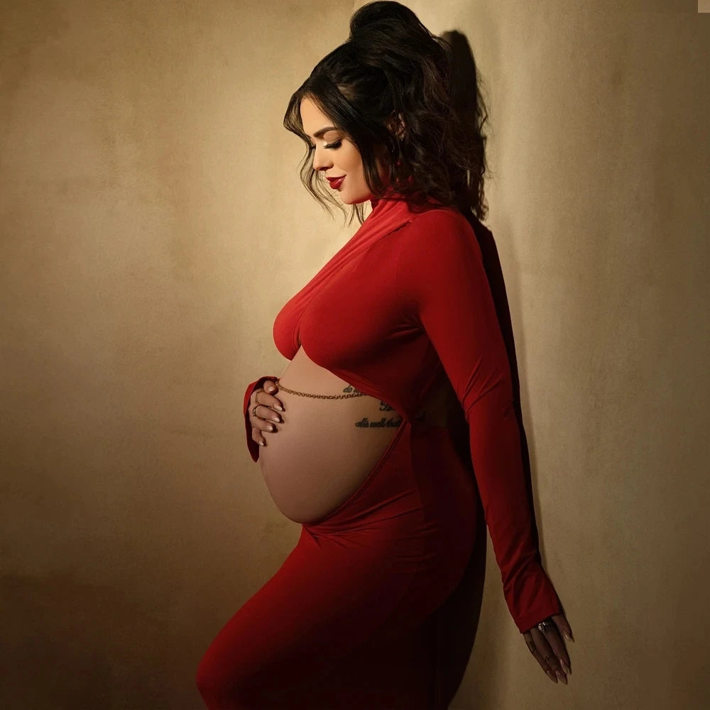 Maternity Gown with Train - High Neck Stretchy Baby Shower Dress - MamaNest