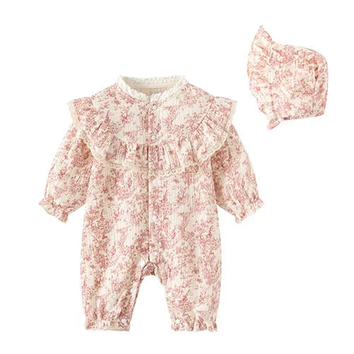 Baby Girl Romper Set - Korean Style Cotton Print with Hat 0-24M - MamaNest