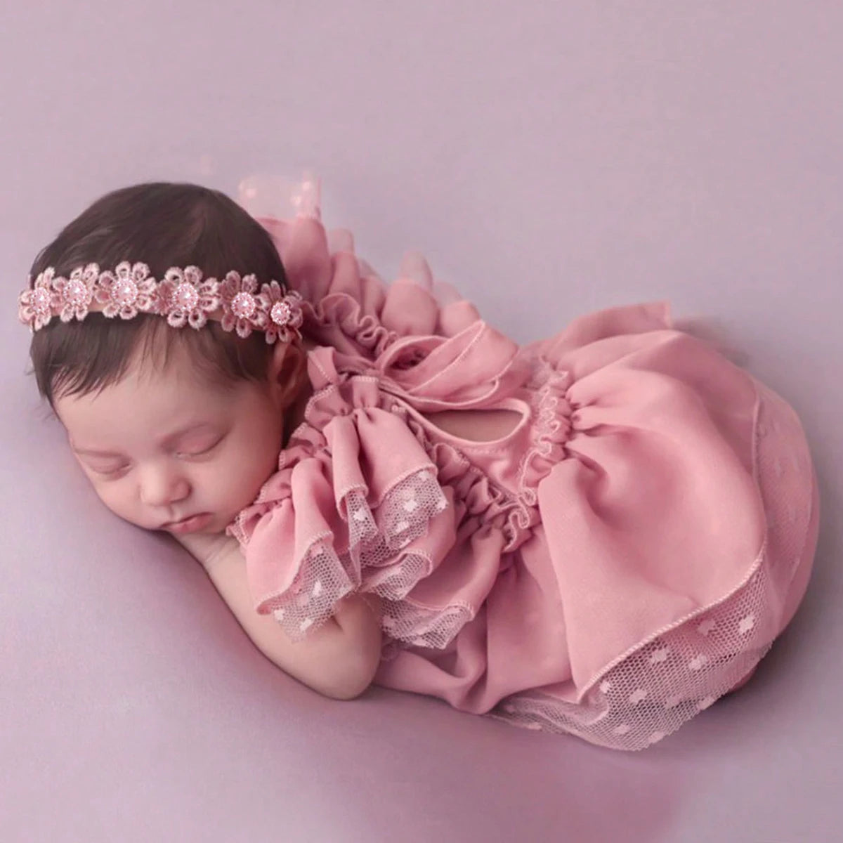 Newborn Photography Set - Dusty Pink Chiffon Romper with Bow Hairband - MamaNest