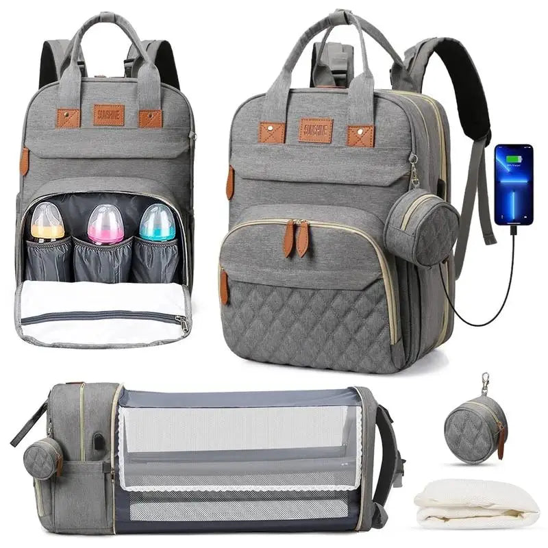 3-in-1 Diaper Bag Backpack with Foldable Baby Bed & USB Charging - MamaNest