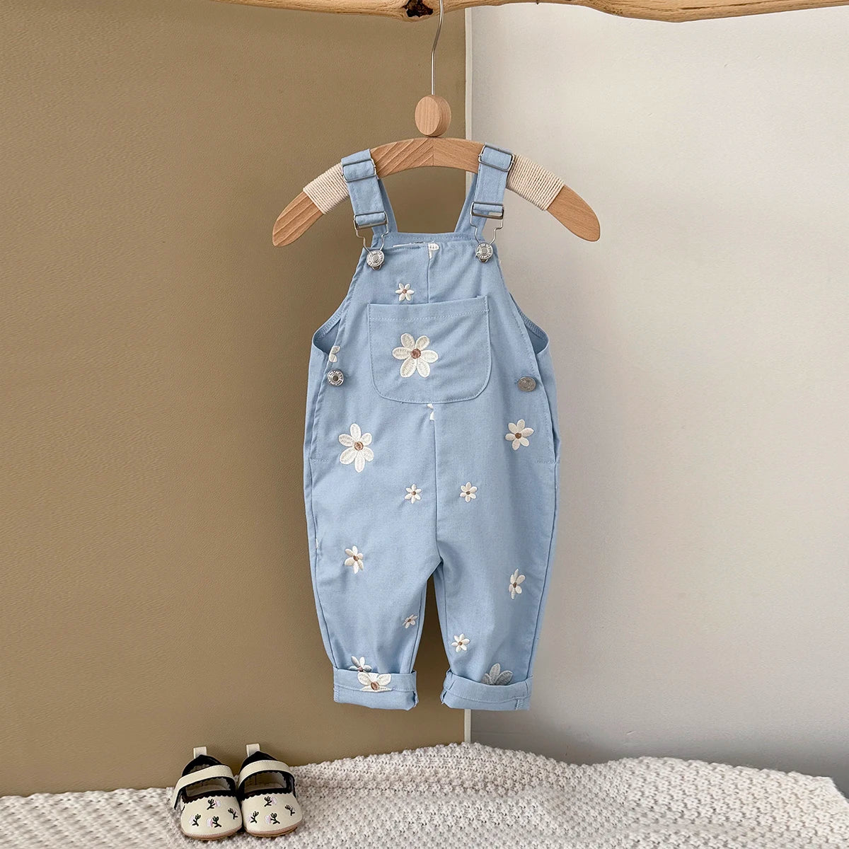 Baby Suspender Romper - Flower Embroidery Overalls with Pockets - MamaNest