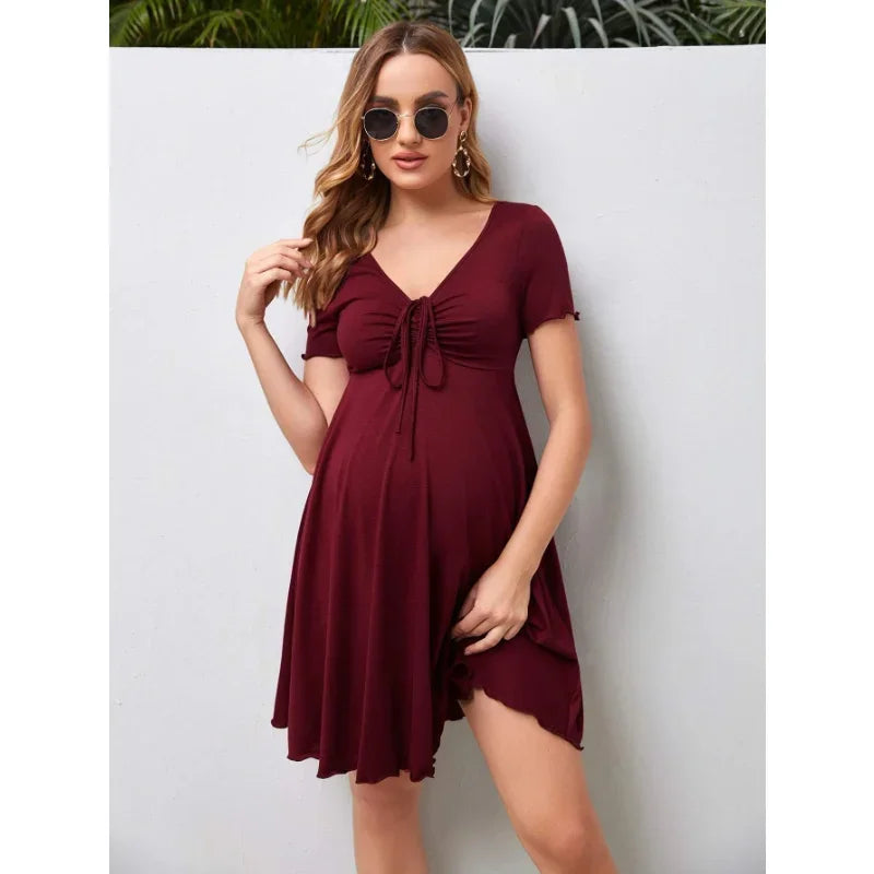 Summer Maternity Dress - V-Neck Loose Fit Casual Pregnancy Dress - MamaNest