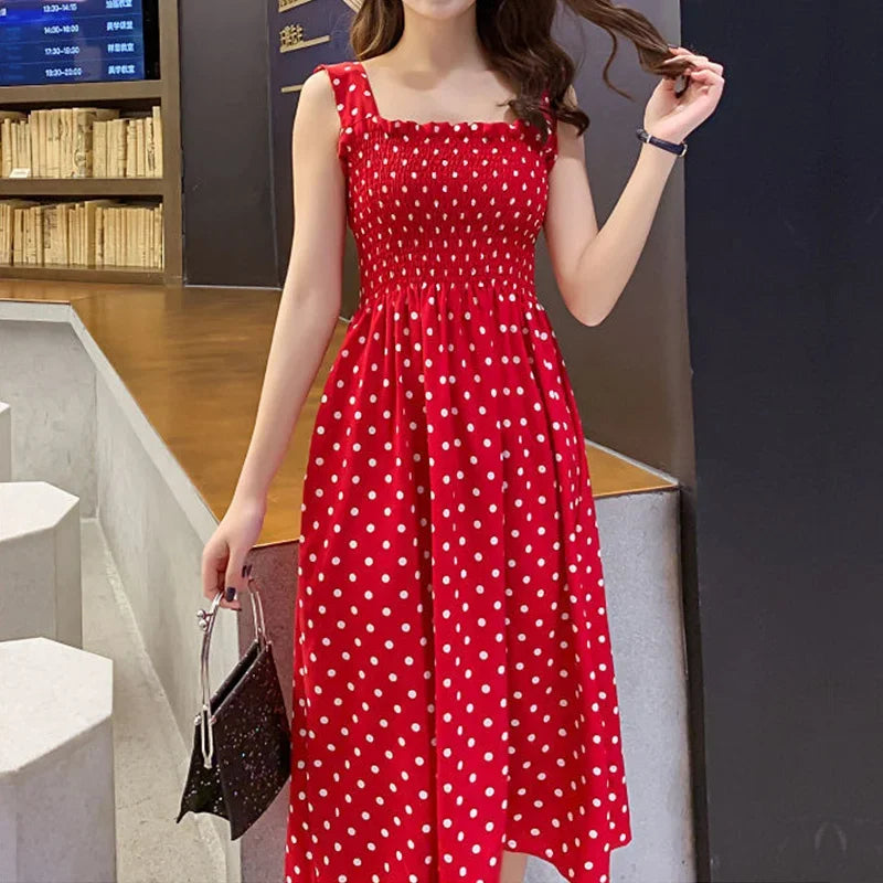Polka Dot Summer Dress - Elegant Square Neck Sleeveless Chiffon Maxi Dress - MamaNest