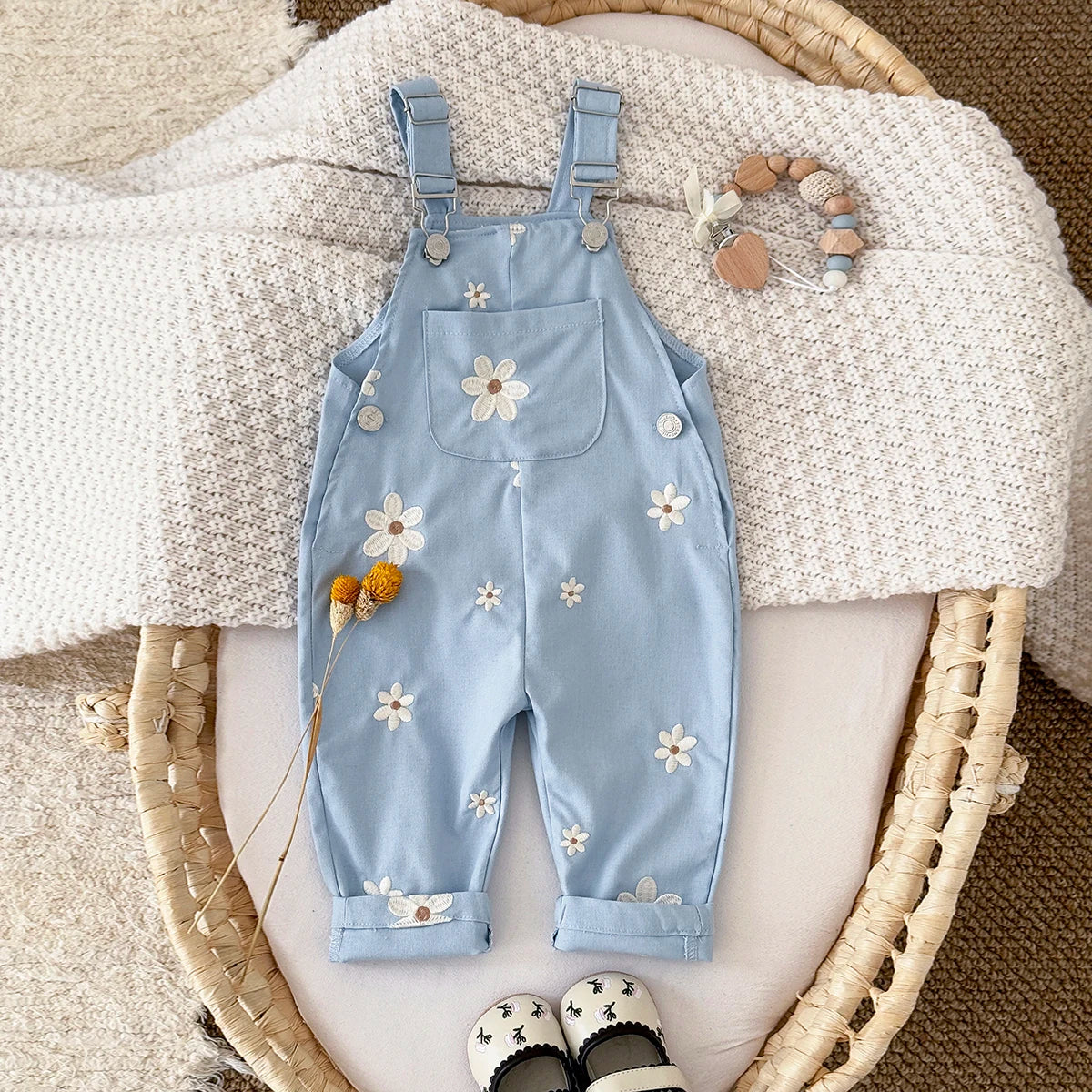 Baby Suspender Romper - Flower Embroidery Overalls with Pockets - MamaNest