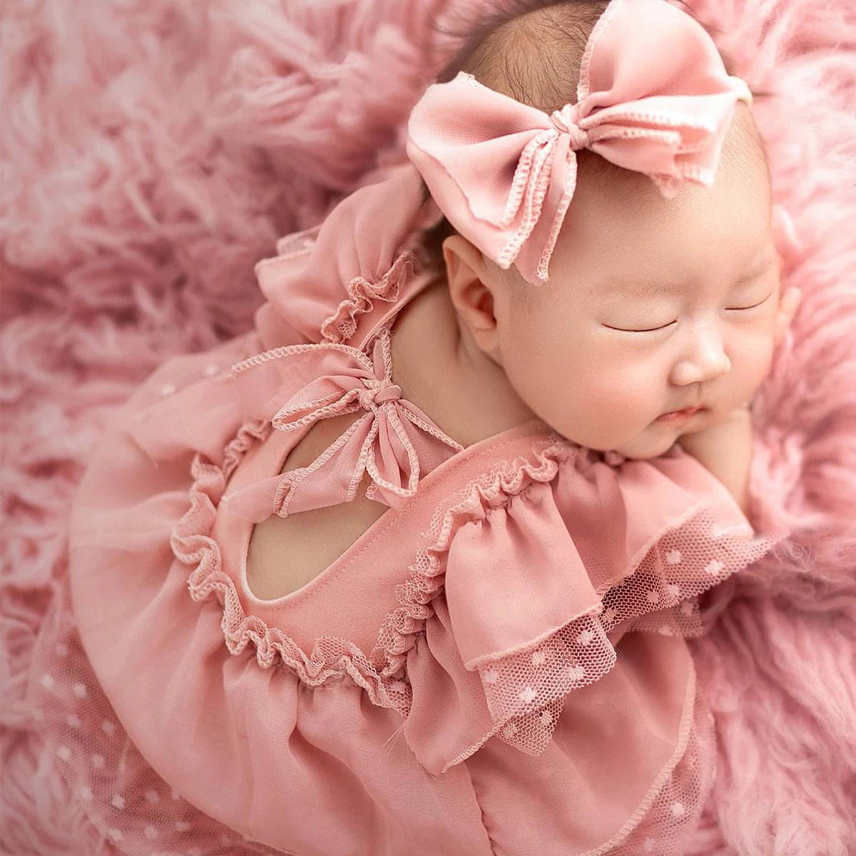 Newborn Photography Set - Dusty Pink Chiffon Romper with Bow Hairband - MamaNest