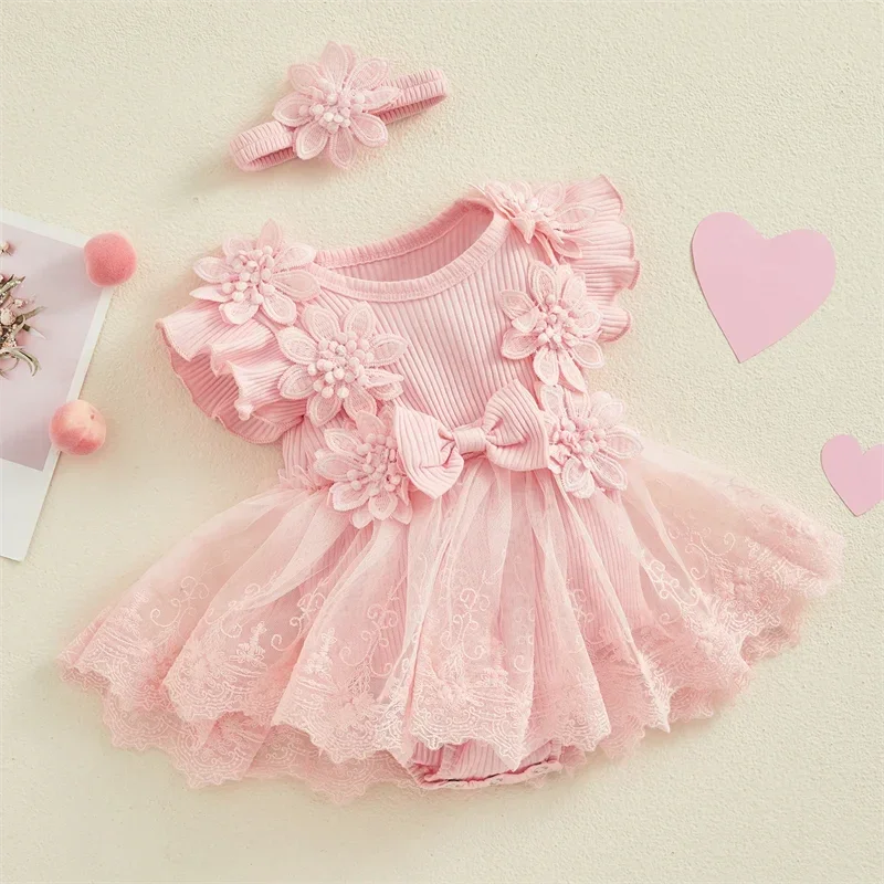 3D Flower Baby Girl Romper with Headband - Summer Bodysuit - MamaNest