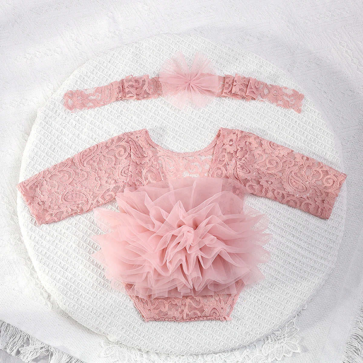 Newborn Lace Photography Set - Dusty Pink Romper with Headband - MamaNest