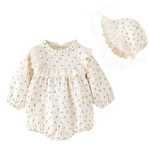 Baby Girl Romper Set - Korean Style Cotton Print with Hat 0-24M - MamaNest