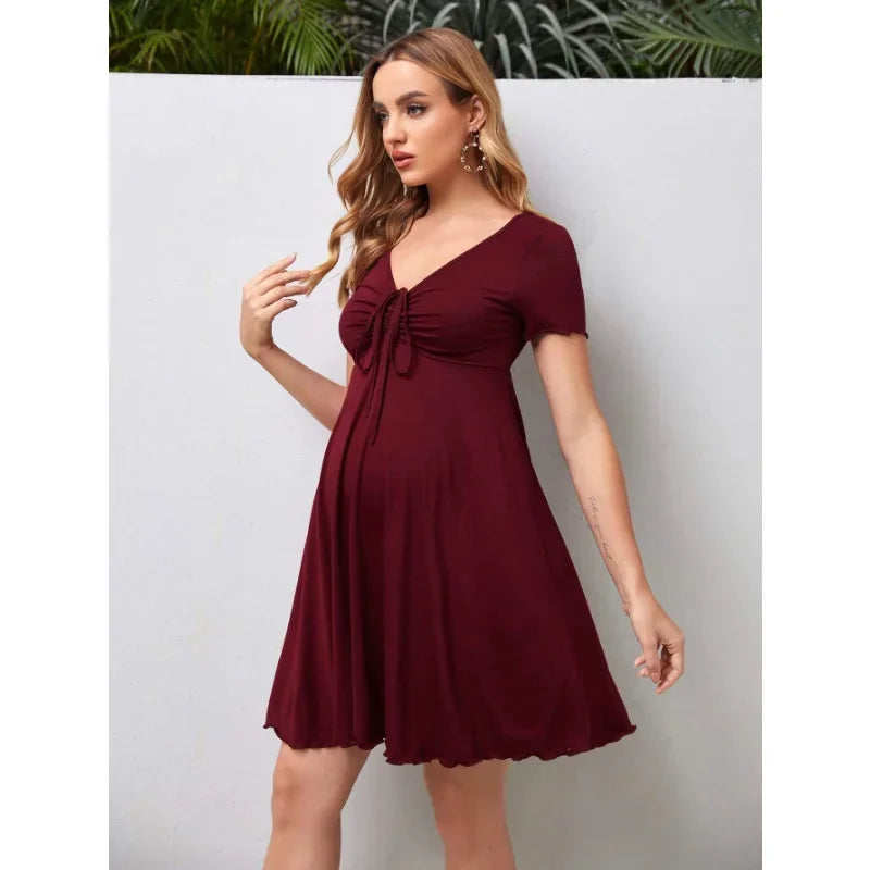 Summer Maternity Dress - V-Neck Loose Fit Casual Pregnancy Dress - MamaNest