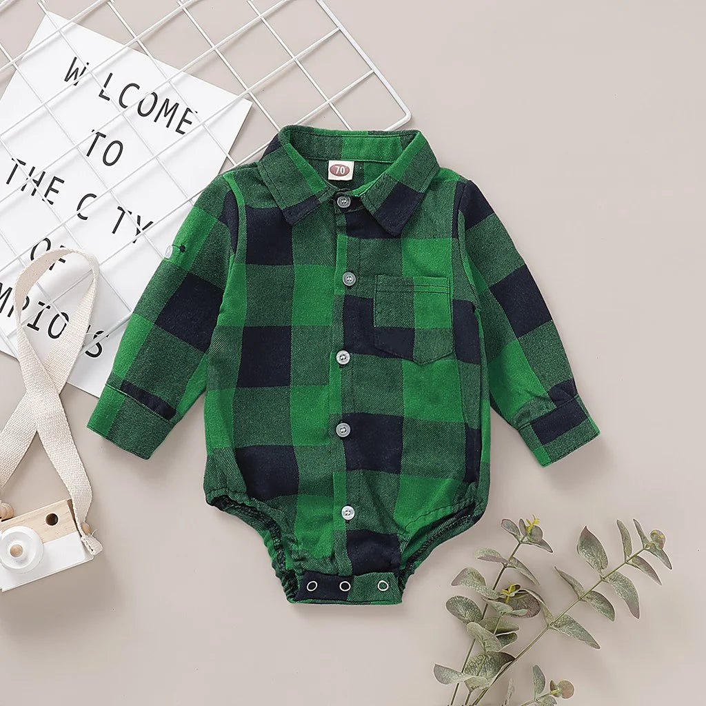 Baby Boy Gentleman Romper - Plaid Long Sleeve Lapel Bodysuit 0-18M - MamaNest