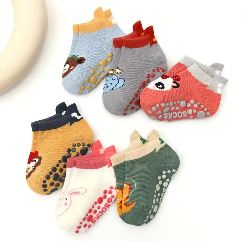 Kids Cotton Socks 6-Pack - Cute Cartoon Animal Non-Slip Socks - MamaNest