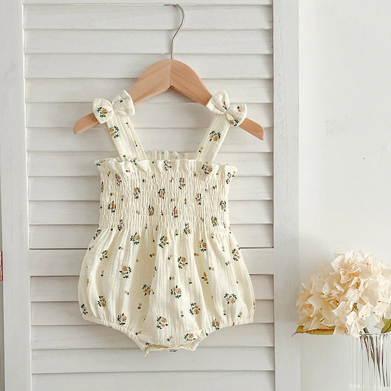 Baby Girl Summer Romper - Cotton Sleeveless Flower Bow Bodysuit - MamaNest