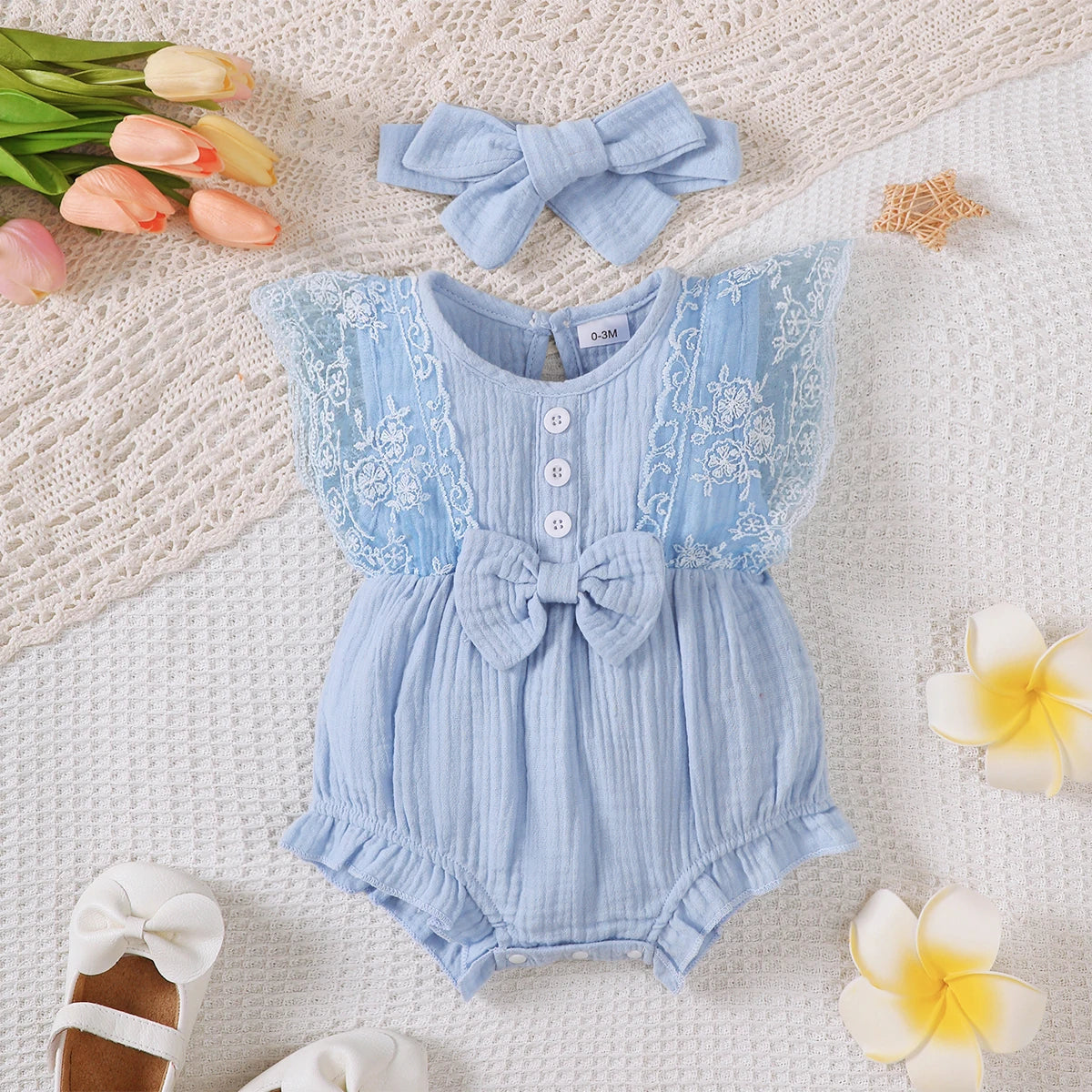 Baby Girl Lace Romper with Headband - Summer Sleeveless Jumpsuit Set - MamaNest