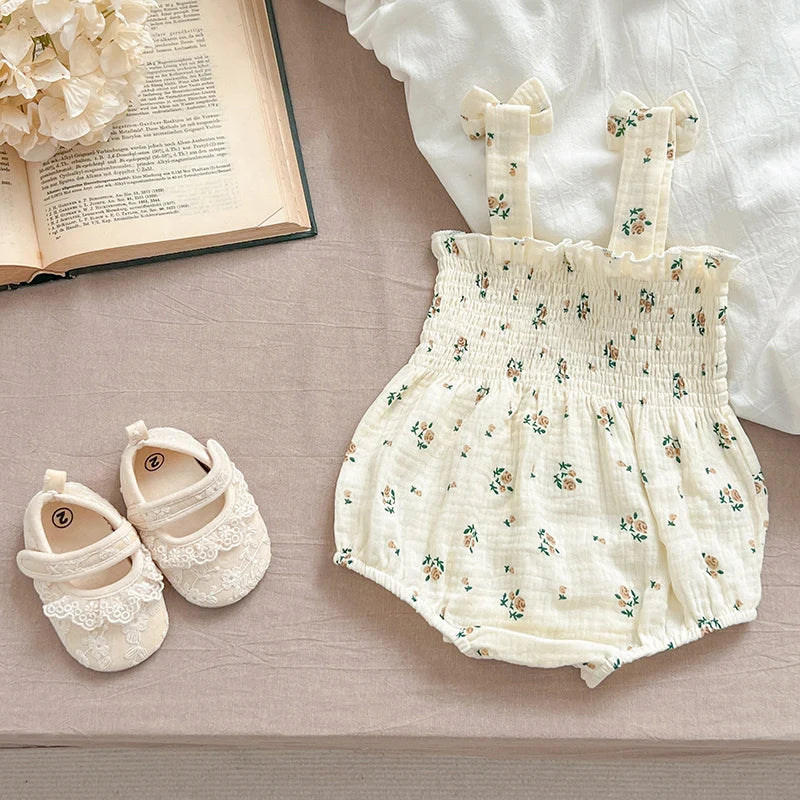 Baby Girl Summer Romper - Cotton Sleeveless Flower Bow Bodysuit - MamaNest