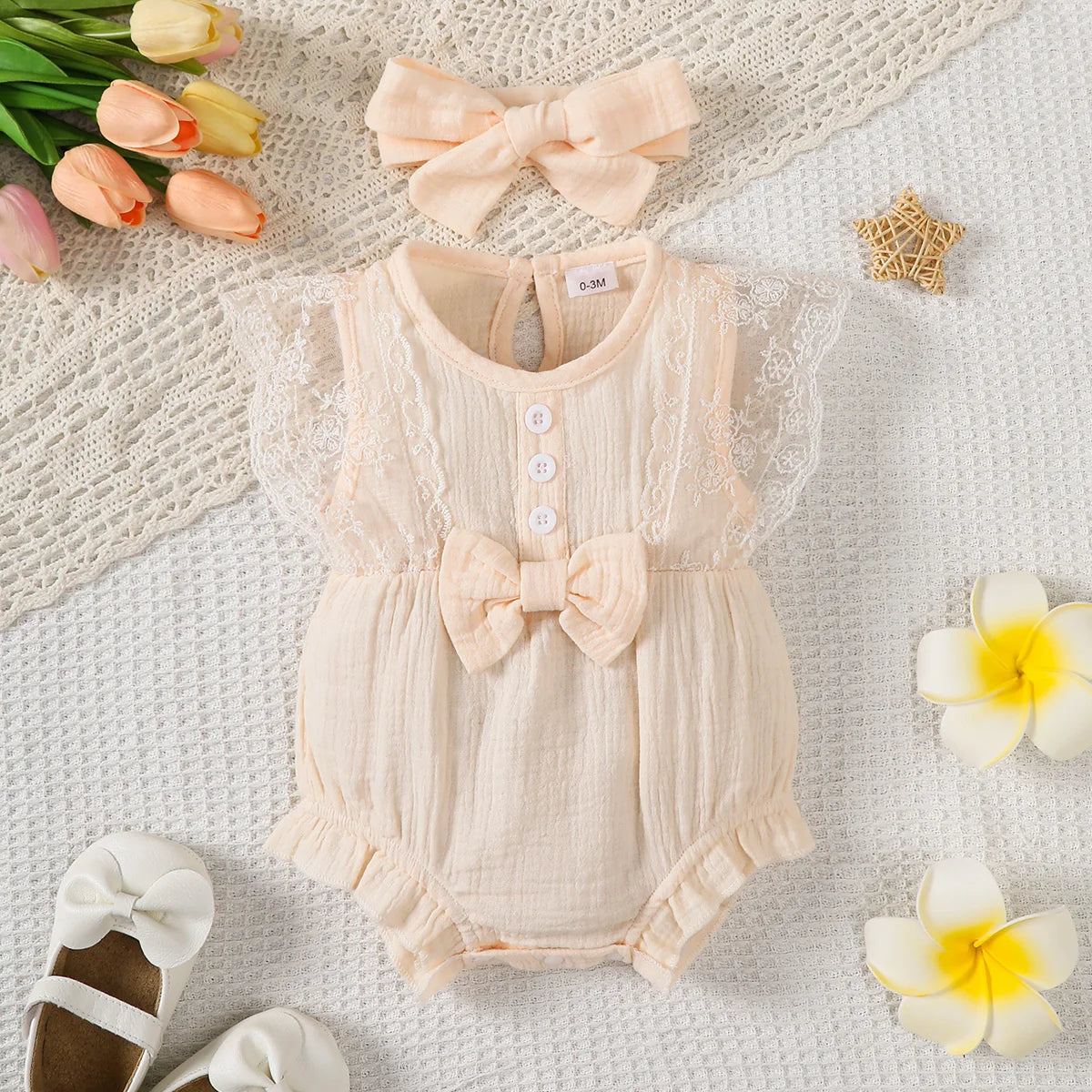 Baby Girl Lace Romper with Headband - Summer Sleeveless Jumpsuit Set - MamaNest