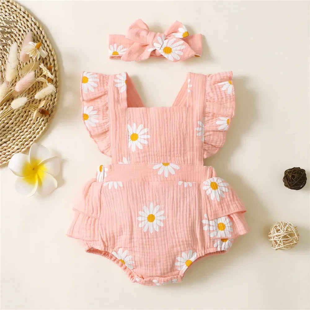 Baby Girl Ruffle Romper with Headband - Summer Bodysuit - MamaNest