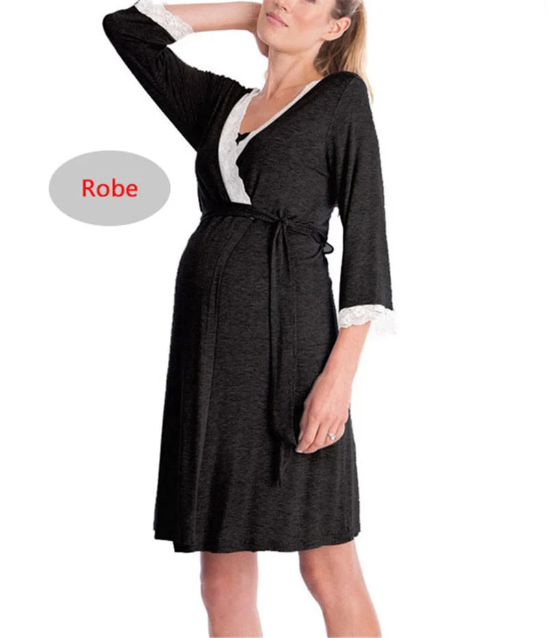 Maternity Nursing Nightgown Set - Lace Robe with Adjustable Belt - MamaNest