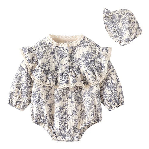 Baby Girl Romper Set - Korean Style Cotton Print with Hat 0-24M - MamaNest